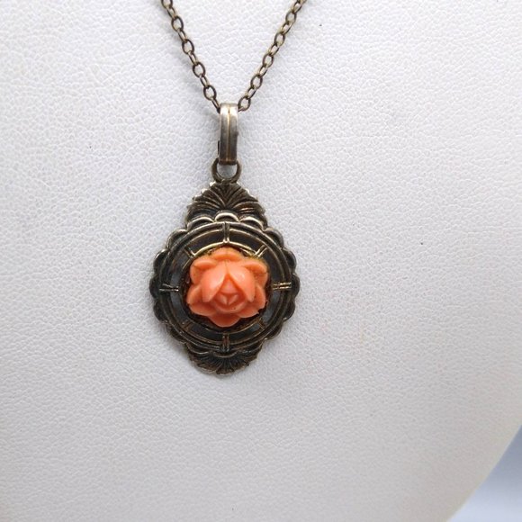 Vintage Celluloid Coral Carved Parure on Sterling Silver with Gold Wash Vermeil - Picture 3 of 8